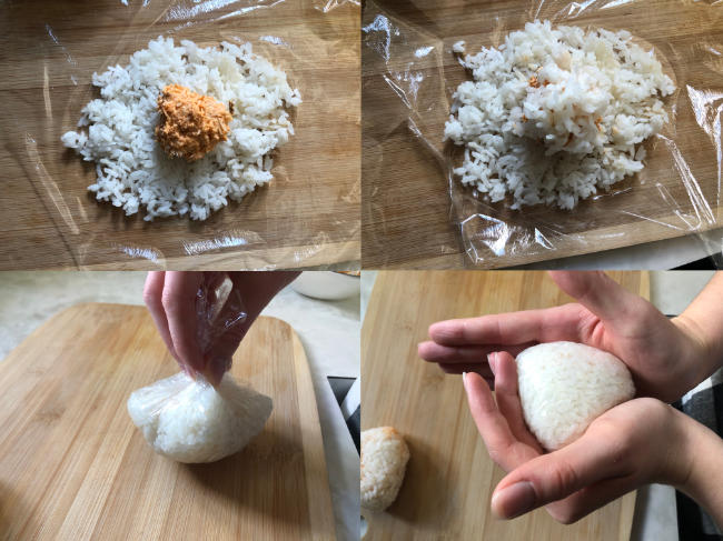 Four photos showing how to roll an onigiri using cling wrap.