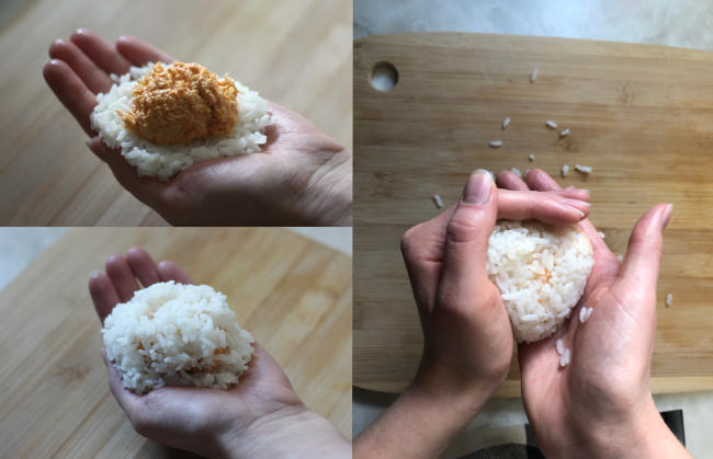 Three photos showing how to hand roll onigiri.