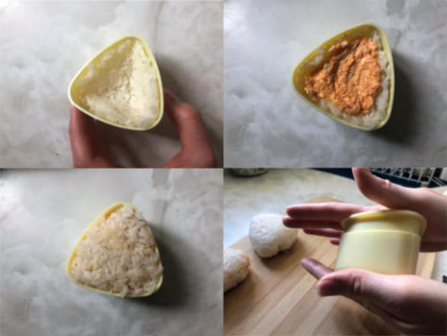 Four photos showing how to use an onigiri mold step by step.