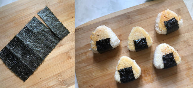 Two photos. One of half a nori sheet folded and ripped into five equal parts. Second photo shows all five onigiri complete and ready to eat.