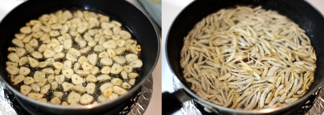 Two photos. One of garlic chips frying in a pan. Second one of onion slices frying in a pan.