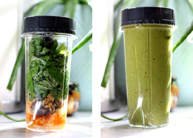 On left side of image is a blender cup filled with pesto ingredients, unblended. Right side is after the ingredients have been blended, and still in blender cup.