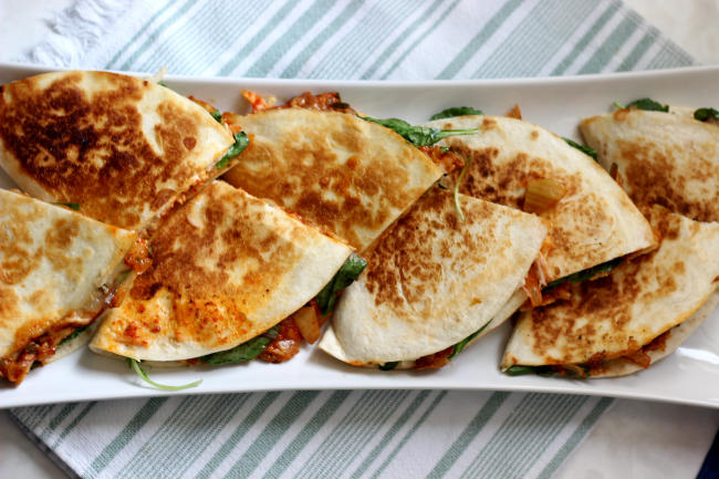 Kimchi quesadillas laid out nicely.